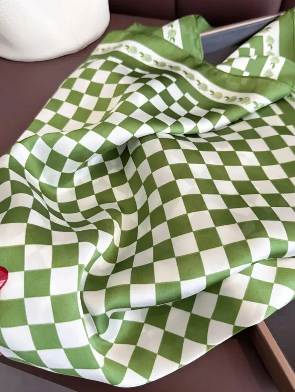 Silk-feel Green & White Check Neck Scarf - Women's Accessory